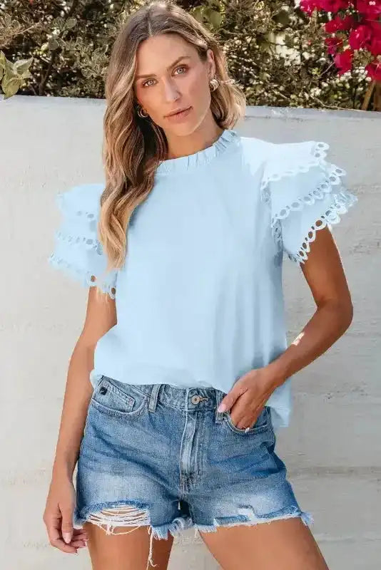 Summer Blouse - Mint Green Layered Cap Sleeve Frilled Neck - Fashionfitz