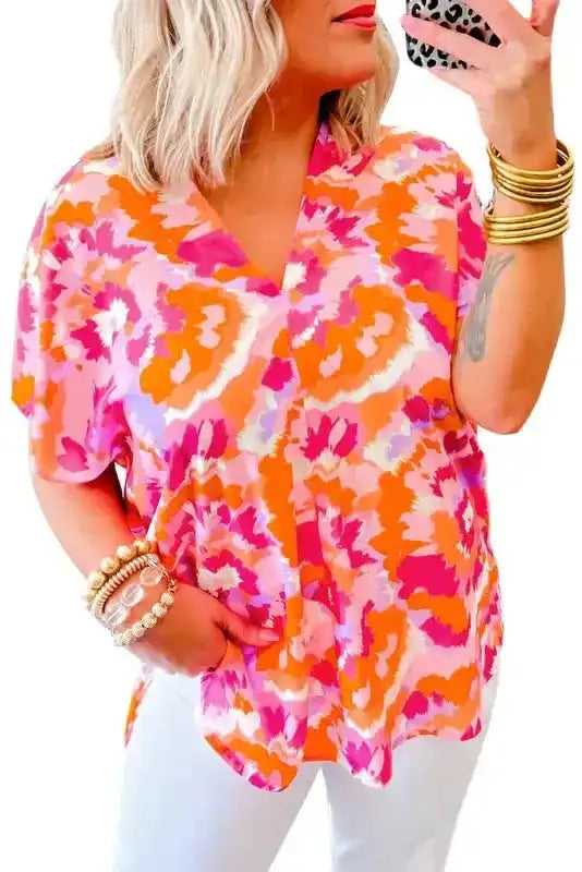 Summer Blouse - Rose Red Abstract Print V Neck - Fashionfitz
