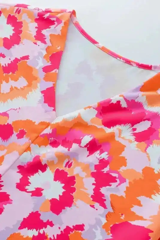 Summer Blouse - Rose Red Abstract Print V Neck - Fashionfitz