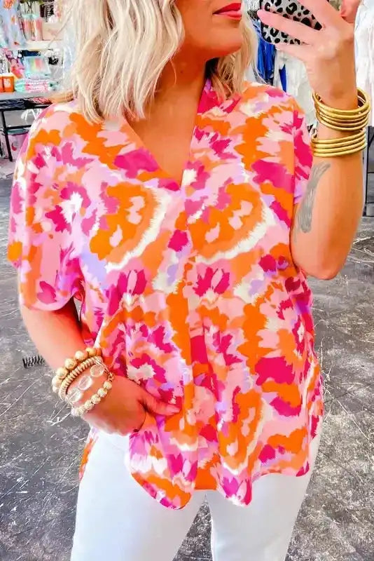 Summer Blouse - Rose Red Abstract Print V Neck - Fashionfitz