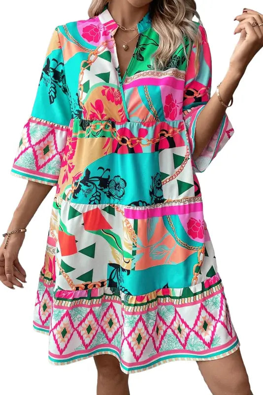 Colorful summer mini dress with tropical print and bell sleeves - summer chic mini dress