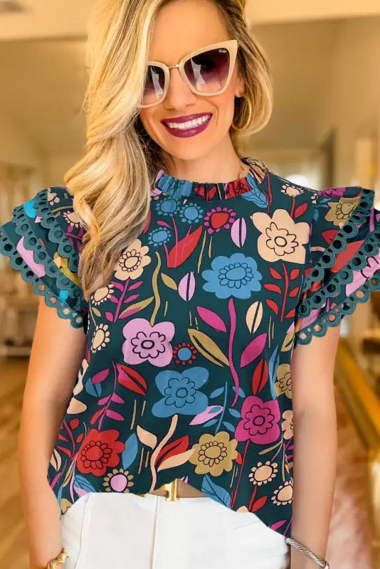 Summer floral blouse - green trimmed ruffle sleeve - tops/blouses & shirts