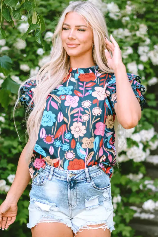 Summer floral blouse - green trimmed ruffle sleeve - tops/blouses & shirts