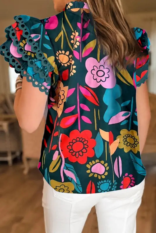 Summer floral blouse - green trimmed ruffle sleeve - tops/blouses & shirts