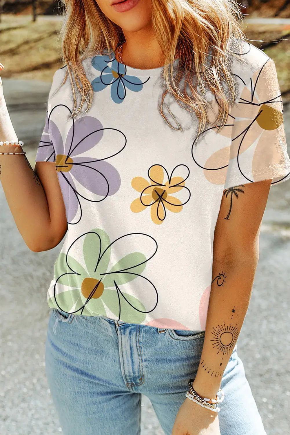 Summer flower t shirt - beige / s / 95% polyester + 5% elastane - t-shirts
