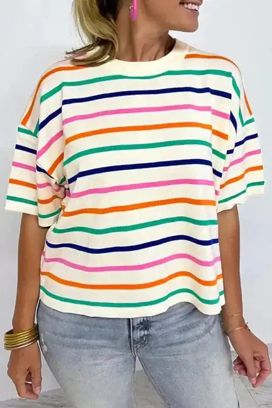 Summer Knit Top - Beige Stripe Dropped Short Sleeve Boxy Fit - Fashionfitz