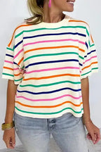 Summer Knit Top - Beige Stripe Dropped Short Sleeve Boxy Fit - Fashionfitz