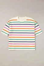 Summer Knit Top - Beige Stripe Dropped Short Sleeve Boxy Fit - Fashionfitz