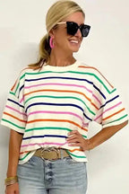 Summer Knit Top - Beige Stripe Dropped Short Sleeve Boxy Fit - Fashionfitz