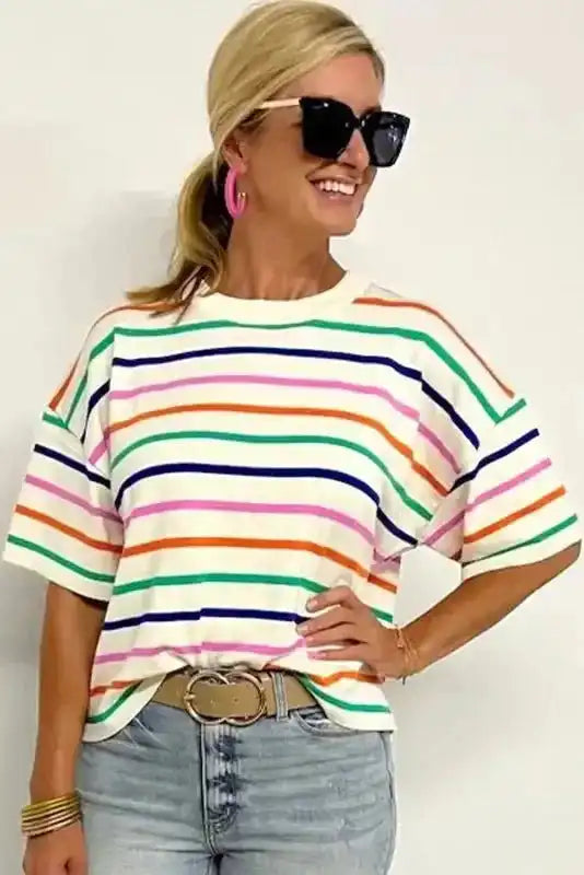 Summer Knit Top - Beige Stripe Dropped Short Sleeve Boxy Fit - Fashionfitz