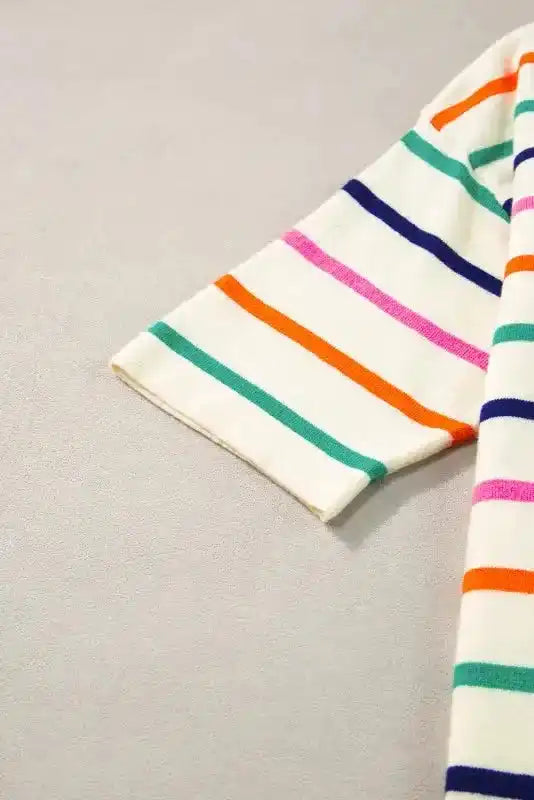 Summer Knit Top - Beige Stripe Dropped Short Sleeve Boxy Fit - Fashionfitz