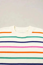 Summer Knit Top - Beige Stripe Dropped Short Sleeve Boxy Fit - Fashionfitz