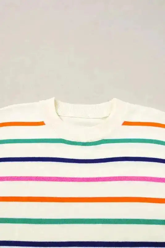 Summer Knit Top - Beige Stripe Dropped Short Sleeve Boxy Fit - Fashionfitz