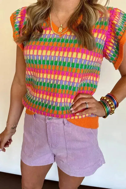 Summer Sweater Top - Rose Red Multicolor Flutter Sleeve Knitted - Fashionfitz