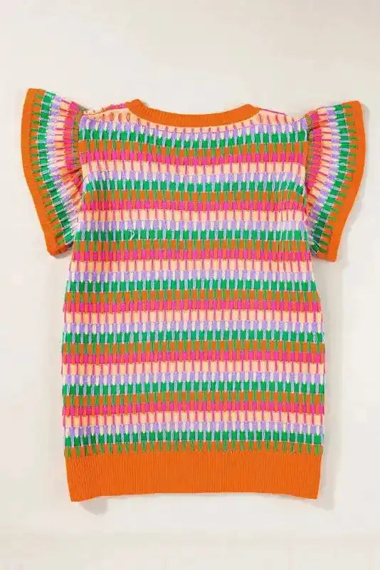 Summer Sweater Top - Rose Red Multicolor Flutter Sleeve Knitted - Fashionfitz