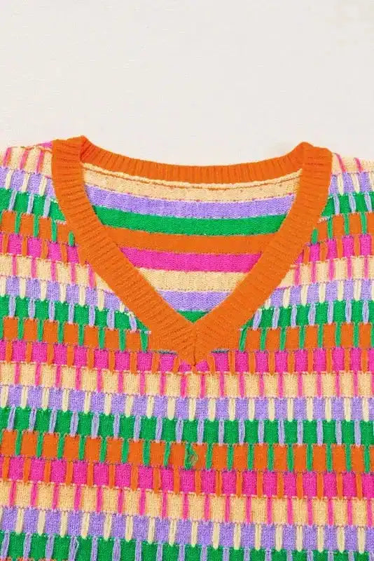 Summer Sweater Top - Rose Red Multicolor Flutter Sleeve Knitted - Fashionfitz