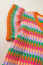 Summer Sweater Top - Rose Red Multicolor Flutter Sleeve Knitted - Fashionfitz