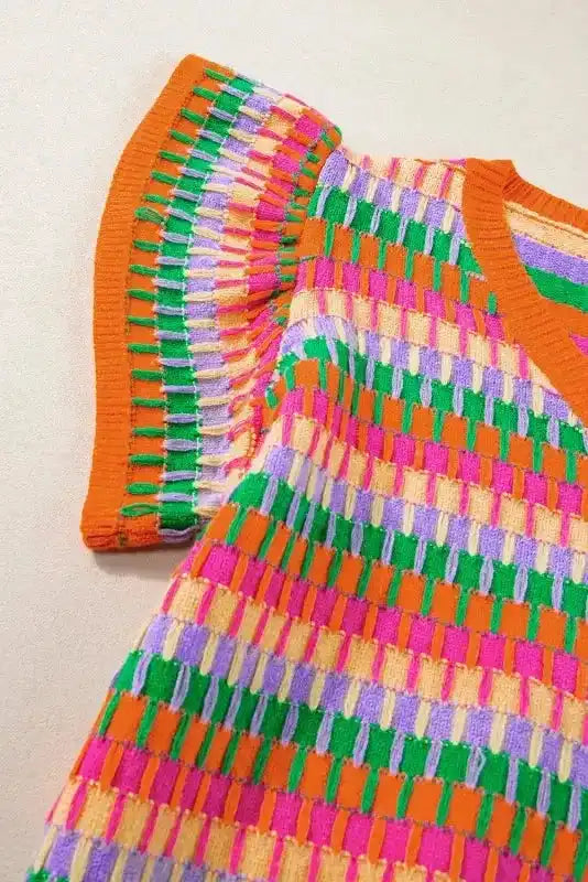 Summer Sweater Top - Rose Red Multicolor Flutter Sleeve Knitted - Fashionfitz