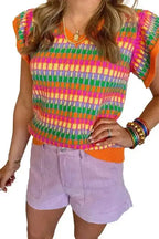 Summer Sweater Top - Rose Red Multicolor Flutter Sleeve Knitted - Fashionfitz