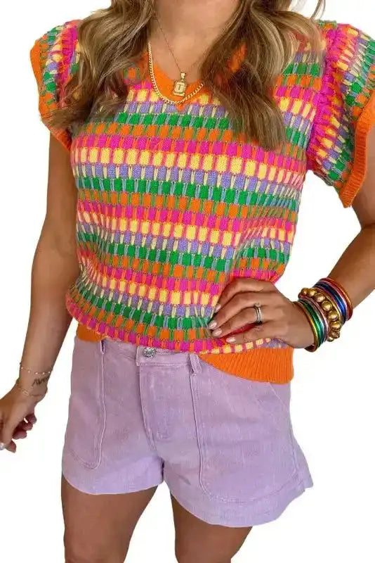 Summer Sweater Top - Rose Red Multicolor Flutter Sleeve Knitted - Fashionfitz