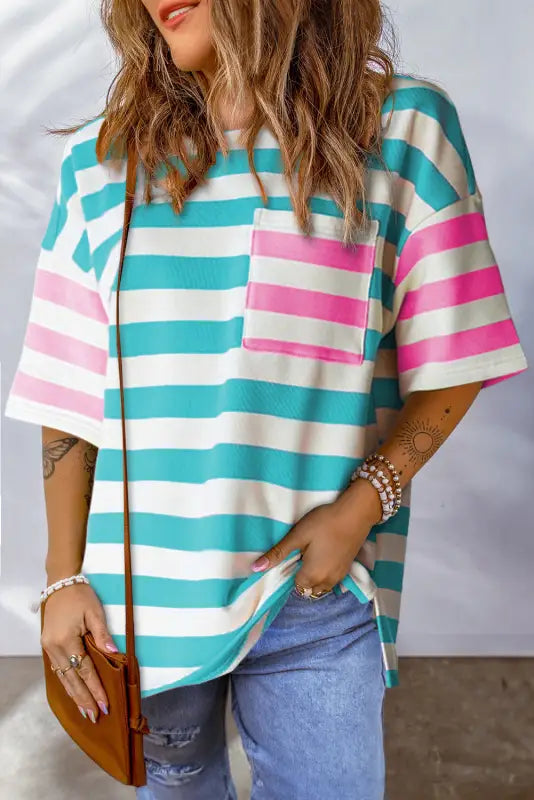 Sunset stripe pocket tee - blue / s / 95% polyester + 5% elastane - tops/tops & tees