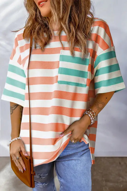 Sunset stripe pocket tee - orange / s / 95% polyester + 5% elastane - tops/tops & tees