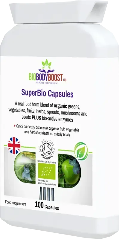 SuperBio Greens Capsules angled view — daily organic superfood blend for energy and nutrition, BioBodyBoost UK