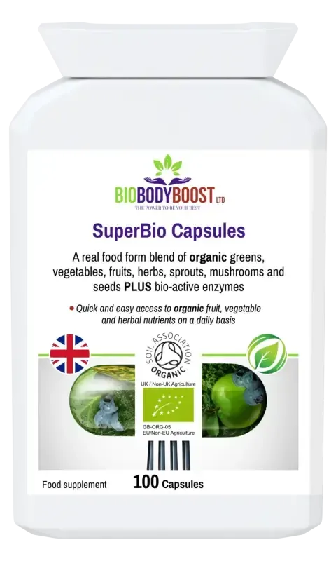 SuperBio Vegan Organic Greens Capsules — spirulina, wheatgrass, barley grass and superfood blend, 60 capsules, BioBodyBoost UK