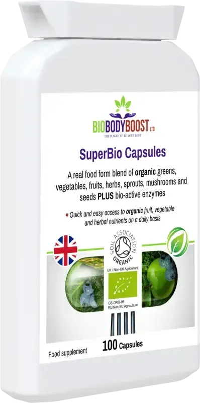 SuperBio front-angle view highlighting organic spirulina, wheatgrass and chlorella greens complex