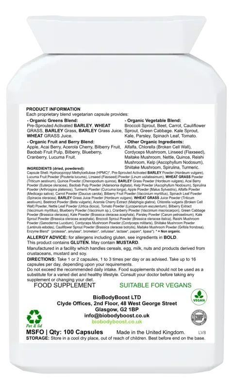 Back label of SuperBio showing organic greens blend ingredients including spirulina, chlorella and superfoods