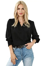 Surplice Neck Shirred Cuffs Draped Blouse - Fashionfitz