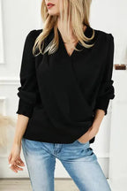 Surplice Neck Shirred Cuffs Draped Blouse - Fashionfitz