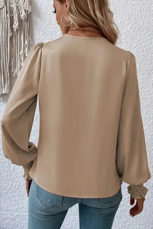 Surplice Neck Shirred Cuffs Draped Blouse - Fashionfitz
