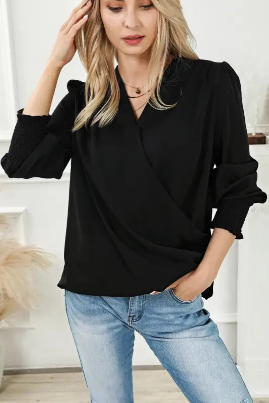 Black solid surplice neck shirred cuffs draped blouse - tops