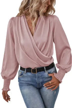 Surplice Neck Shirred Cuffs Draped Blouse - Fashionfitz