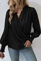 Surplice Neck Shirred Cuffs Draped Blouse - Fashionfitz