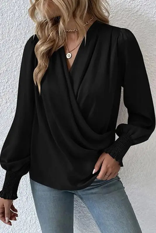 Black solid surplice neck shirred cuffs draped blouse - tops