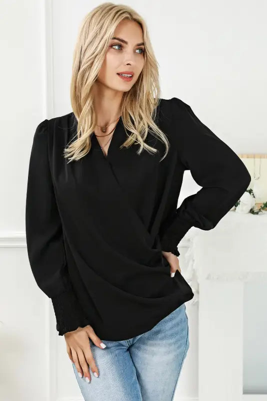 Black solid surplice neck shirred cuffs draped blouse - tops