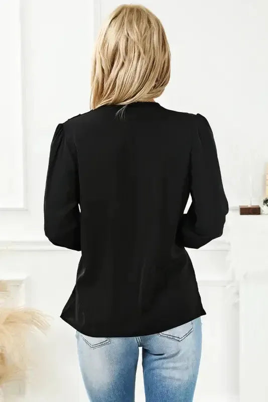 Surplice Neck Shirred Cuffs Draped Blouse - Fashionfitz