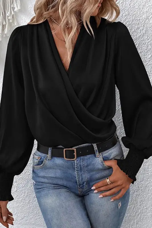 Black solid surplice neck shirred cuffs draped blouse - tops