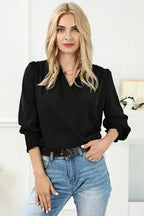 Surplice Neck Shirred Cuffs Draped Blouse - Fashionfitz