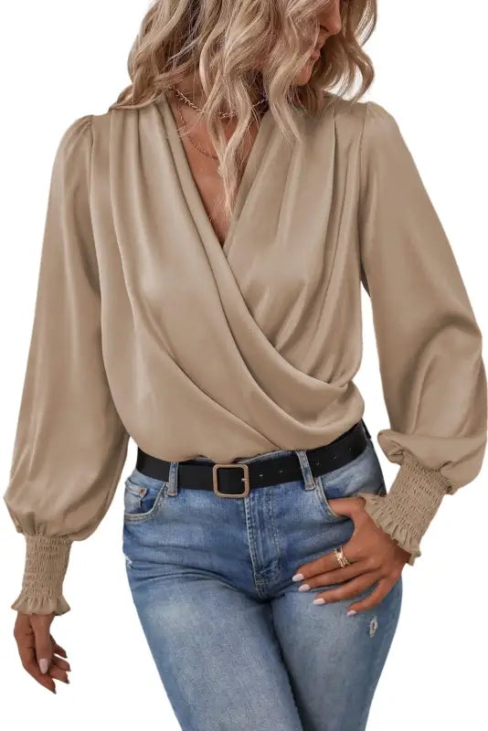 Black solid surplice neck shirred cuffs draped blouse - tops