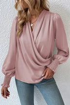 Surplice Neck Shirred Cuffs Draped Blouse - Fashionfitz