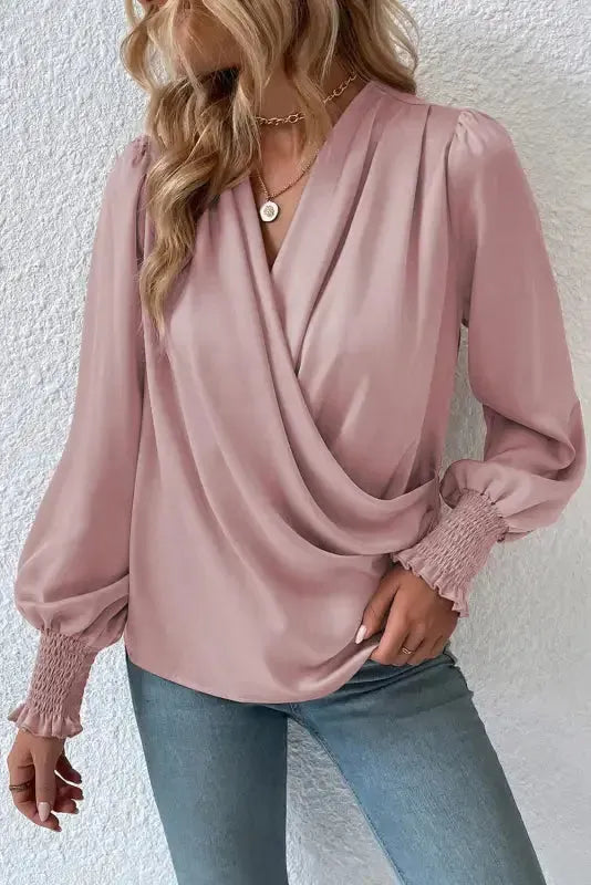 Surplice Neck Shirred Cuffs Draped Blouse - Fashionfitz