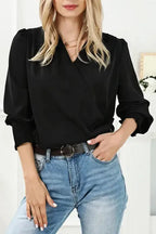 Surplice Neck Shirred Cuffs Draped Blouse - Fashionfitz