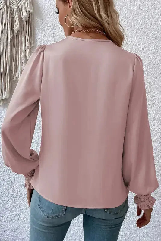Surplice Neck Shirred Cuffs Draped Blouse - Fashionfitz