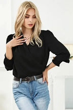 Surplice Neck Shirred Cuffs Draped Blouse - Fashionfitz