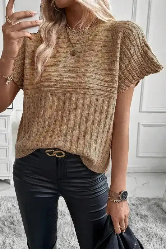 Sweater T Shirt - Light French Beige Rib Knitted Wide Sleeve - Fashionfitz