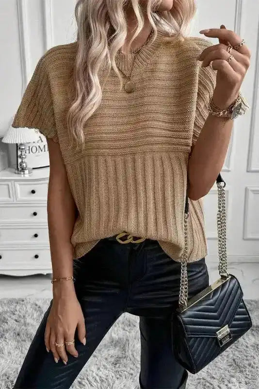 Sweater T Shirt - Light French Beige Rib Knitted Wide Sleeve - Fashionfitz