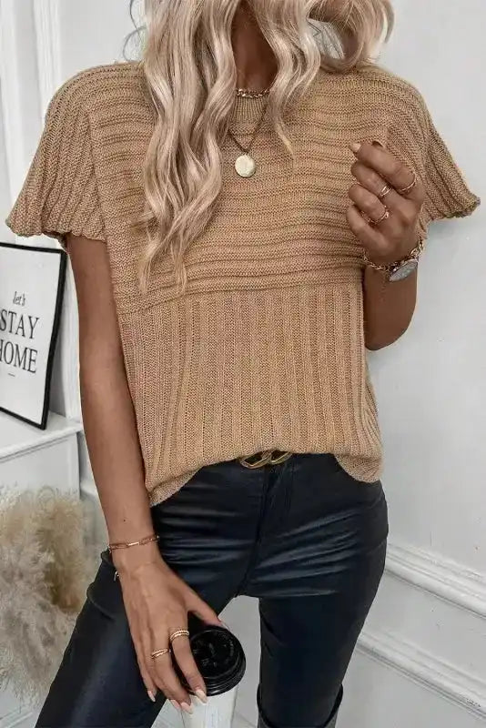 Sweater T Shirt - Light French Beige Rib Knitted Wide Sleeve - Fashionfitz